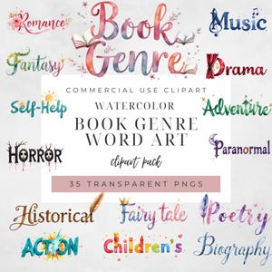 Könnte beinhalten: Aquarell-Wortkunst-Clip-Art-Paket mit Buchgenres. Das Bild zeigt verschiedene Buchgenres wie Roman, Fantasy, Horror und Action, jeweils in einer farbenfrohen, künstlerischen Schrift. Die Wörter sind von dekorativen Elementen umgeben.