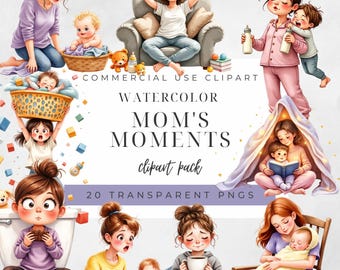 Mom Life Clipart Bundle | 20 Watercolor Motherhood PNGs, Mom & Child Moments, Cozy Parenting Clipart, Family Illustrations, Commercial Use