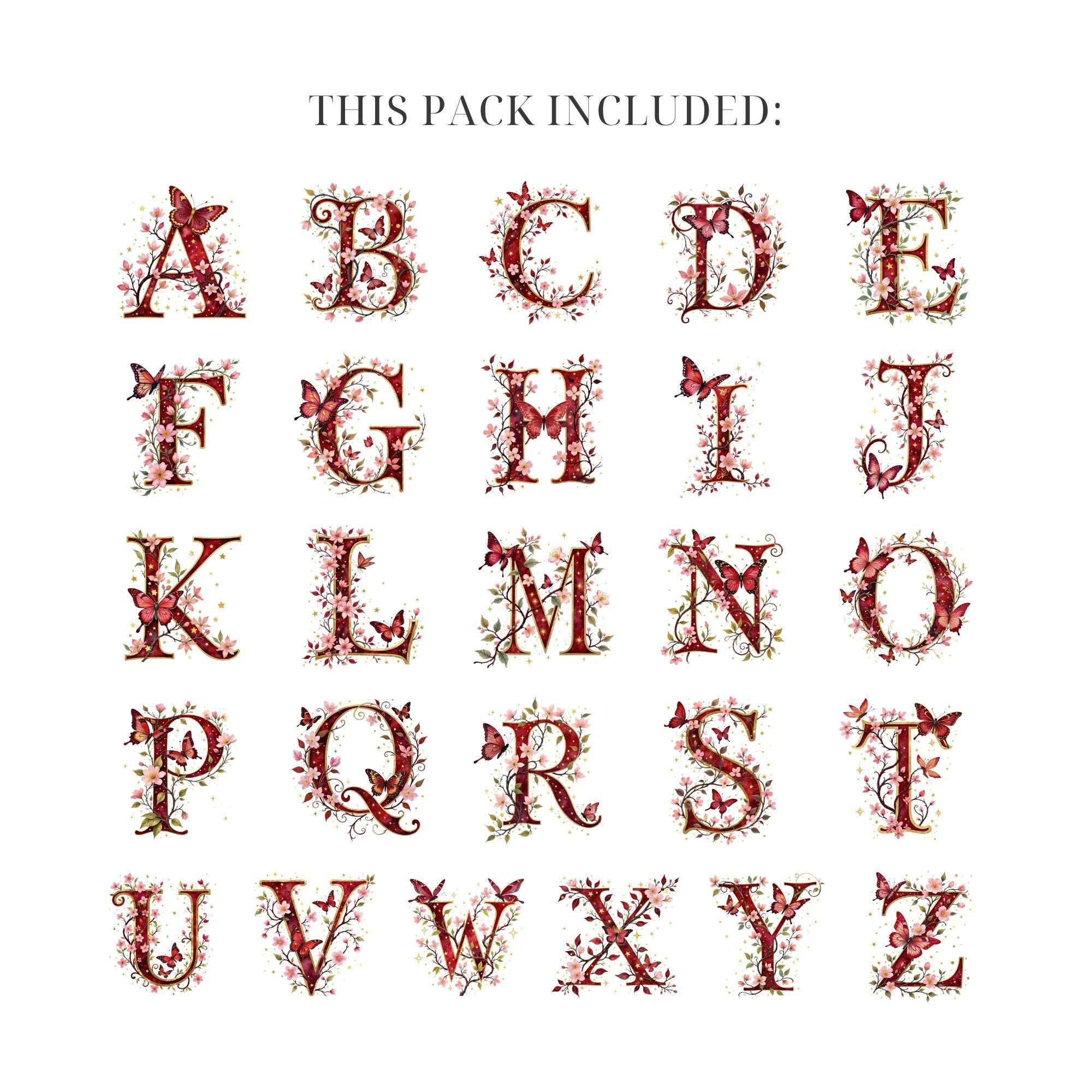 Ruby Red Alphabet Clipart 26 PNG Watercolor Garnet Butterfly Letters ...