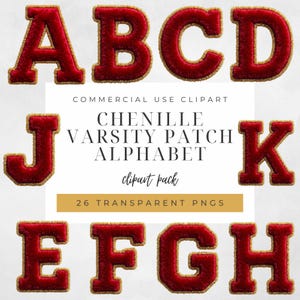 Puede incluir: Una colección digital de parches de letras estilo varsity en chenilla roja con borde dorado, que incluye las letras A, B, C, D, J, K, E, F, G y H. El texto dice COMMERCIAL USE CLIPART CHENILLE VARSITY PATCH ALPHABET clipart pack 26 TRANSPARENT PNGS.