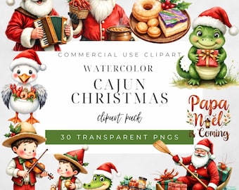 Cajun Christmas Clipart | Watercolor Cajun Santa & Alligator PNG | Louisiana Bayou Holiday Clip Art | Southern Swamp Tree Festive Bundle