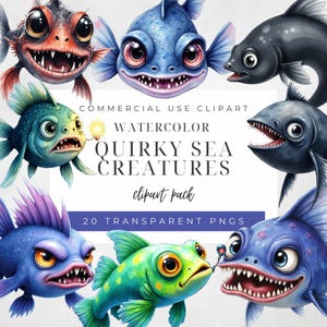 Quirky Sea Creatures Clipart | Funny Deep Sea Creatures PNG | Cartoon Fish Illustration | Kids Crafts, Stickers, Aquarium Decor, Sublimation