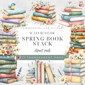May include: Watercolor clipart pack featuring stacks of books in pastel colors, adorned with flowers, butterflies, and a small bird. The text reads "Watercolor Spring Book Stack clipart pack" and "17 Transparent PNGs".
