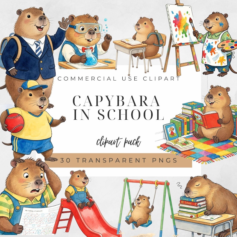 Watercolor Capybara School Clipart | 30 Cute Student Animal Pngs | Back ...