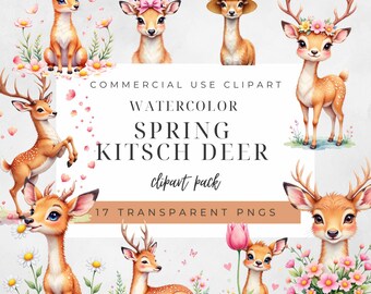 Clipart de veado kitsch de primavera | 17 PNGs de veado floral em aquarela, arte fofa de animais da floresta, ilustração de flores da primavera, uso comercial
