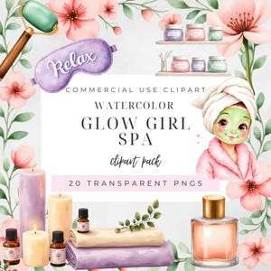 Spa Clipart Bundle | 20 Watercolor PNG Pastel Pink & Blue | Spa Girls, Pamper Party, Self Care Aesthetic, Cute Spa Birthday Clipart