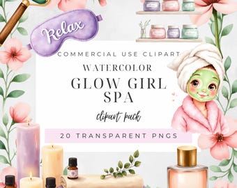Spa Clipart Bundle | 20 Watercolor PNG Pastel Pink & Blue | Spa Girls, Pamper Party, Self Care Aesthetic, Cute Spa Birthday Clipart