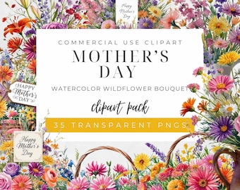 Happy Mothers Day Clipart, Watercolor Mothers Day Floral Clipart, Mothers Day PNG, Wildflower Bouquet Clipart, Digital Download, Commercial