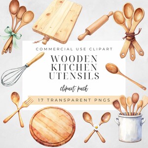 May include: Watercolor illustration of wooden kitchen utensils, including spoons, cutting boards, a rolling pin, and a whisk. The image includes the text "WOODEN KITCHEN UTENSILS clipart pack" and "17 TRANSPARENT PNGS".