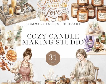 May include: A digital clipart collection titled Cozy Candle Making Studio featuring watercolor illustrations of candle making supplies, including glass jars with labels, essential oil bottles, dried lavender, cinnamon sticks, and orange slices.