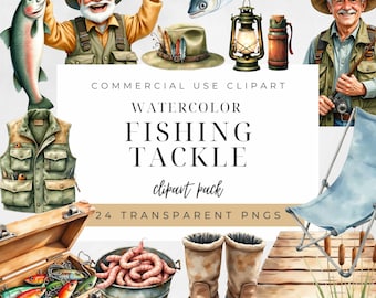 Watercolor Fishing Clipart Bundle | 24 PNG Fishing Rods, Lures, Tackle Box & Fish Illustrations | Gone Fishing Hobby and Father’s Day