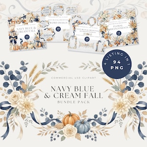 Op de afbeelding: Een digitaal clipart-pakket met herfstachtige bloemstukken, pompoenen, tarwe en linten in marineblauw en crème. De collectie bevat 94 PNG-bestanden verdeeld over vier sets met tekstlabels zoals Navy Blue & Cream Fall Bundle Pack.