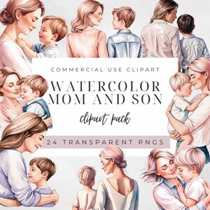 Mother and Son Clipart Bundle | Watercolor Mother&#39;s Day PNG | Motherhood Illustration | 300 DPI | Instant Download | Mom and Son ClipArt