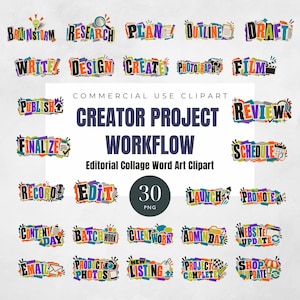 May include: A collection of 30 colourful word art clipart designs for a creator project workflow. Each word, such as Brainstorm, Research, Plan, Outline, Draft, Write, Design, Create, Photograph, Film, Publish, Review, Finalise, Schedule, Record, Edit, Launch, Promote, Content Day, Batch Work, Client Work, Admin Day, Website Update, Email, Product Photos, New Listing, Project Complete, and Shop Update, features a vibrant collage style.