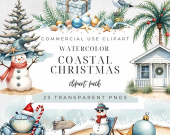Coastal Christmas Clipart | Watercolor Beach Christmas PNG | Nautical Ocean Holiday Clip Art | Blue Seashell Xmas Decor | Festive Summer Set