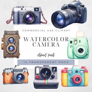 Set di 14 PNG di fotocamere ad acquerello, clipart di fotocamere istantanee pastello, bordi a striscia di pellicola, grafica fotografica, kit di effimeri per diario.
