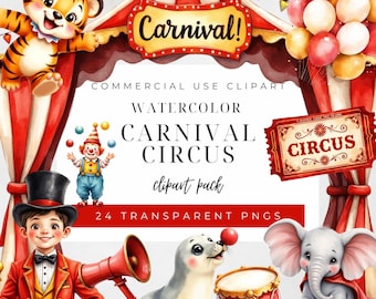 Circus Clipart Bundle | 24 Watercolor PNG | Carnival Animals, Circus Tent, Clown Illustration | Kids Birthday Party, Nursery Decor