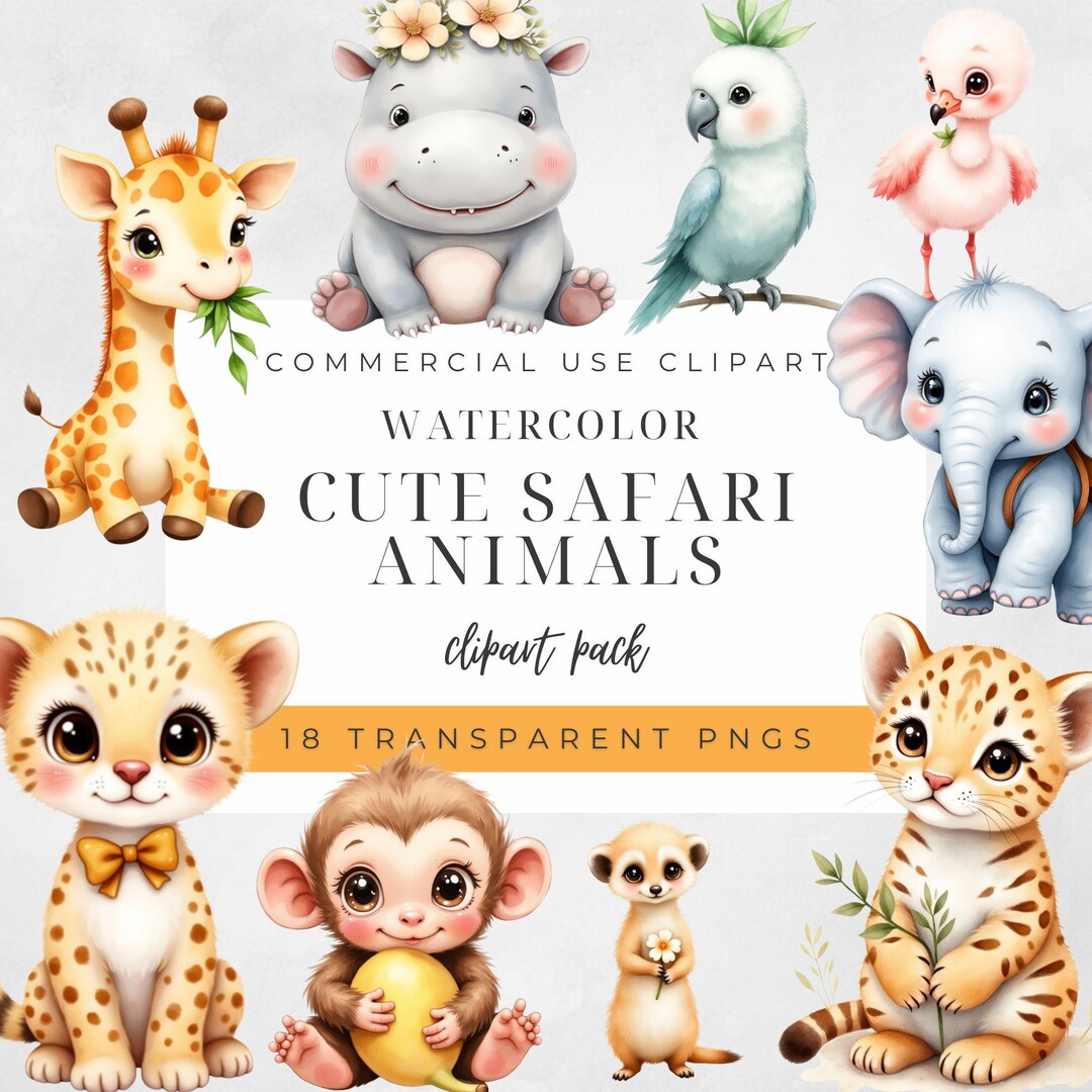 Safari Animals Clipart | 18 Cute Watercolor Jungle Animals With Props ...