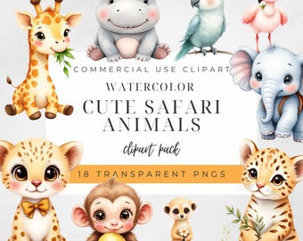 Safari Animals Clipart | 18 Cute Watercolor Jungle Animals with Props PNG, Nursery Art, Baby Safari Clipart Bundle, Commercial Use