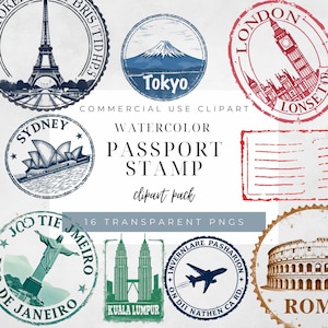 May include: A collection of watercolor passport stamp clipart featuring iconic landmarks and city names. Includes images of the Eiffel Tower, Mount Fuji, Big Ben, Sydney Opera House, Christ the Redeemer, and the Colosseum.