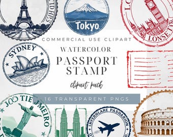 Passport Stamp Clipart | 16 PNG Travel Visa Stamps | Vacation Stickers, Scrapbooking, Airport Arrival Departure Stamps, Printable Travel Art