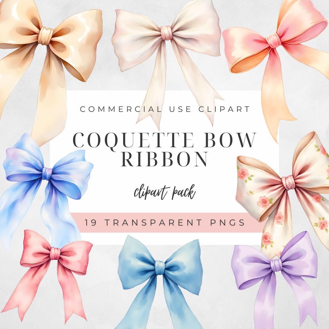 Coquette Bow Clipart 19 PNG Watercolor Long Ribbon Pastel Balletcore ...