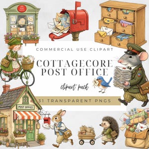 May include: A digital clipart collection featuring a post office theme with illustrations of a post office building, a red mailbox, a wooden mail sorter, a child on a bicycle, a mouse in a uniform, a blue bird, a rabbit, and a hedgehog with mail.