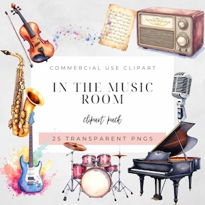 May include: Watercolor illustration of musical instruments including a violin, saxophone, guitar, drum set, piano, and microphone. The image includes the text "IN THE MUSIC ROOM" and "25 TRANSPARENT PNGS".