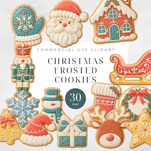Könnte beinhalten: Eine Sammlung von 30 digitalen Illustrationen von weihnachtlichen Zuckerguss-Keksen, darunter ein Weihnachtsmann-Gesicht, Lebkuchenhaus, Nussknacker, Schlitten, Strumpf, Kranz, Schneeflocke, Glocke, Geschenk, Rentier und Stern in Rot, Grün, Weiß und Gold.