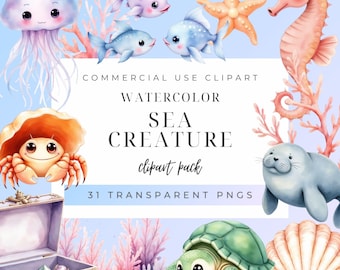 Sea Creature Watercolor Clipart | Under the Sea Animals PNG Bundle | Whale, Turtle, Shark, Coral Reef, Jellyfish | 31 Transparent Images