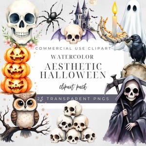 Aesthetic Halloween Clipart | 25 Watercolor PNG Illustrations | Ghosts, Skeletons, Pumpkins, Bats, Witch | Whimsical Spooky Season Graphics