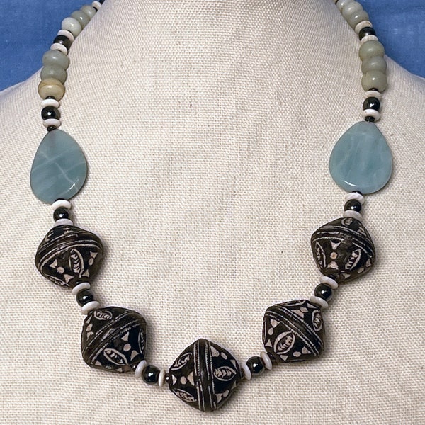 TRIBAL Antique Mali Clay Spindle Whorl Beads, Amazonite, Hematite, Necklace OOAK free US shipping 001782