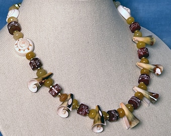Oshun's Opulence Necklace: Red and Gold Jade, Brass and Shell OOAK 001784 free US shipping