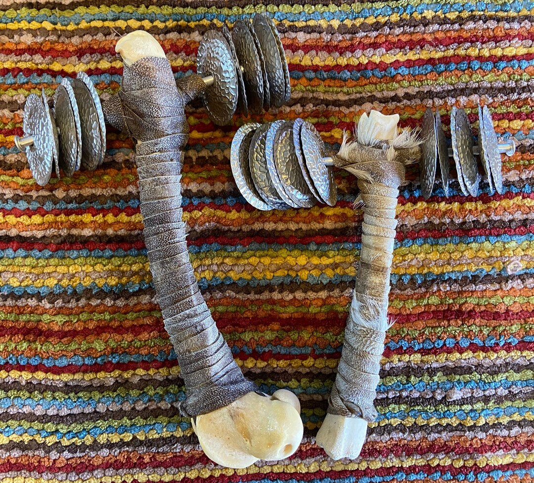 Deer or Boar Bone Handled Rattle, White Copper Jingles, Rawhide Lace