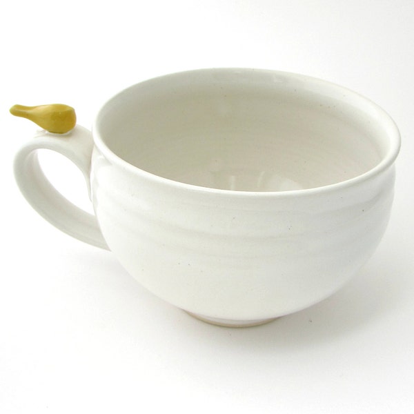 Handmade Soup Mug // Latte Mug //Ginormous Mug in Creamy White with a Yellow Bird Thumbrest