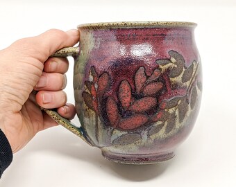 Seconds Sale! Handmade Botanical Coffee Mug in Plum and Turquoise,  Pottery Mug, 16 ounce Rustic Mug