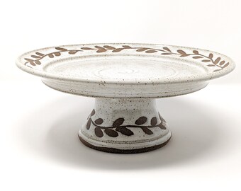 White Stoneware Cake Stand with hand painted floral design, Handmade Cake Plate, Pedestal Cake Stand