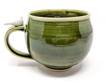 Large Green Handmade Pottery Latte Mug With a Peaceful White Bird