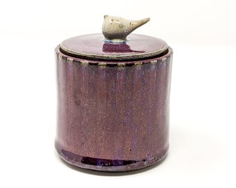 Lidded Pottery Jar with an Ivory Bird Knob, Salt Cellar, Unique Ceramic Gift