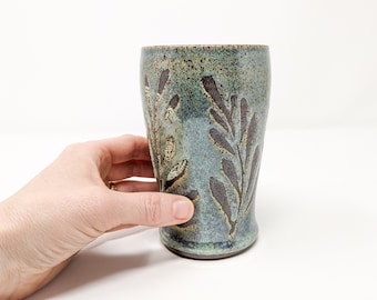 Large Pottery Tumbler, 16 ounces Wheel Thrown Thrown Cup, Ceramic Tumbler with Seaweed