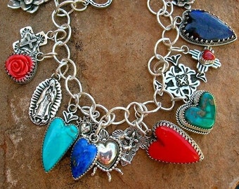 Elvira's Love and Faith Southwestern Charm Bracelet Sterling Silver Jewelry Santa Fe Native Style Heart and Cross Turquoise