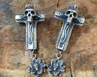 E254 Sterling Silver Skulls Chimayo Cross and Flower Skull Southwestern Native Santa Fe Style Earrings