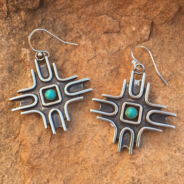 EZ10 Sterling Silver New Mexico Zia Sun Symbol southwestern native style earrings with Turquoise