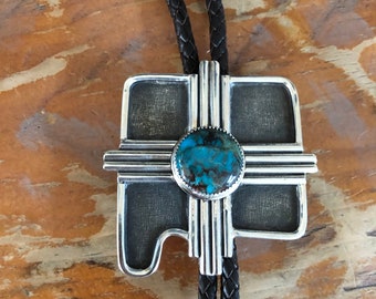 Turquoise Zia Sun Symbol Over New Mexico Sterling Silver Southwestern Native Style Bolo Necktie