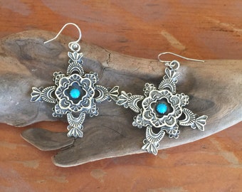 E309A The PDL Cross sterling silver with framed turquoise southwestern style earrings