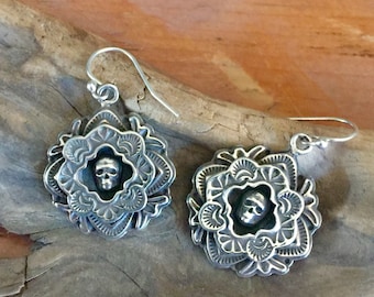 E363 Sterling Silver Framed Mini Skull Earrings  Southwestern Native Santa Fe Style