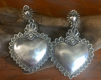 EBH8a The Taos Heart over the Santa Fe Heart Repoussé sterling silver southwestern native style earrings