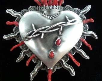 Corazón de Santa Fe Brooch Cross Wearable Art Precious Metal Sterling Silver Coral Award Winner
