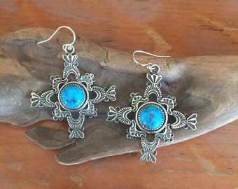 E309 The Puerto de Luna Cross sterling silver with turquoise southwestern style earrings