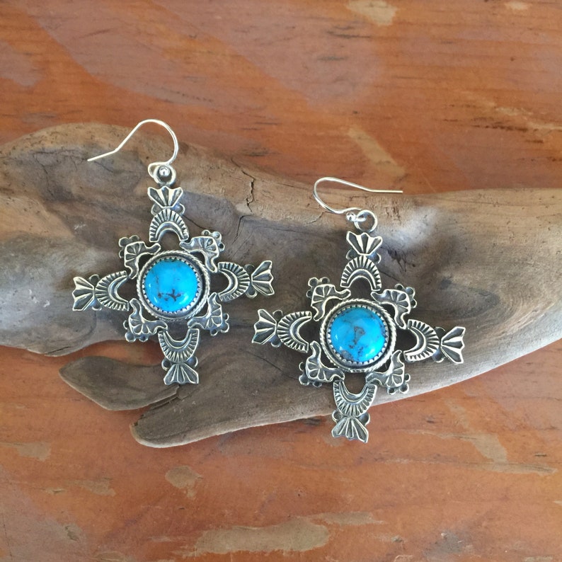 E309 The Puerto de Luna Cross sterling silver with turquoise southwestern style earrings image 1